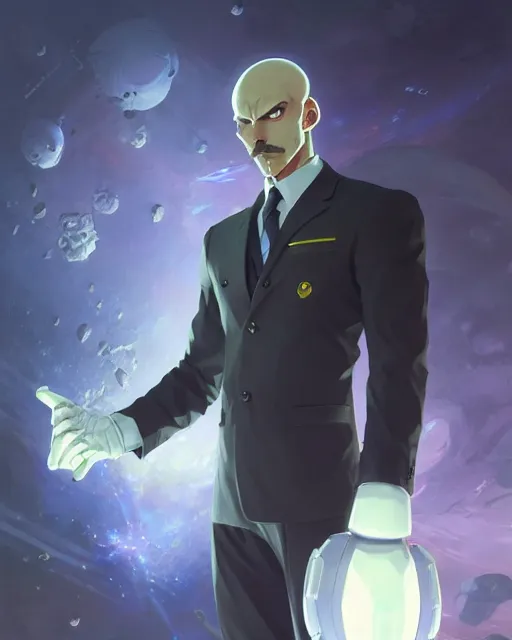 Image similar to gigachad luigi wearing a suit in the space lab, fantasy character portrait, ultra realistic, anime key visual like saitama, full body concept art like ernest khalimov, intricate details, highly detailed by greg rutkowski, ilya kuvshinov, gaston bussiere, craig mullins, simon bisley