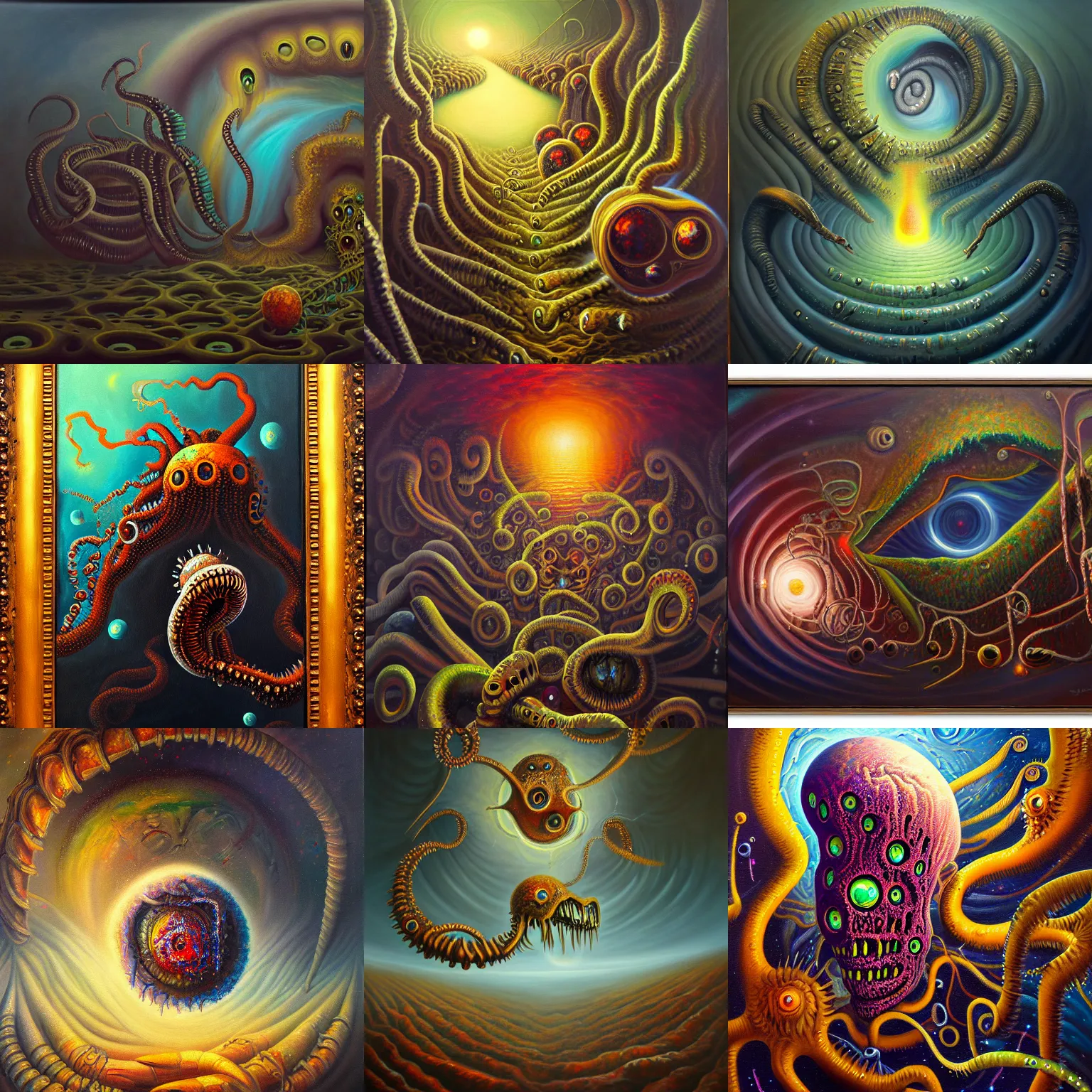 Prompt: an oil on canvas painting, polycount, surrealism, surrealist, lovecraftian, cosmic horror, high detail