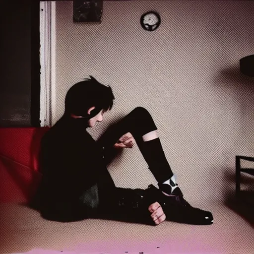 Prompt: a skinny goth guy sitting on the floor of his room, crossed legs, laptop, smartphone, video games, tv, faded effect, photograph, kodak film, realism,