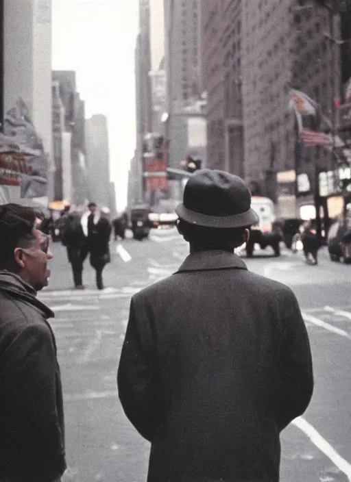 Image similar to a 35mm photograph of a man walking down the street in New York City in the 1960's, bokeh, Canon 50mm, cinematic lighting, photography, retro, film, Kodachrome