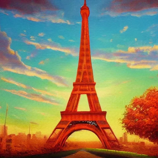 Image similar to a dream of several people running in a field and the eiffel tower in the background in a place that at the same time is illuminated by the sun causes a feeling of strangeness, oil painting, ultradetailed, artstation