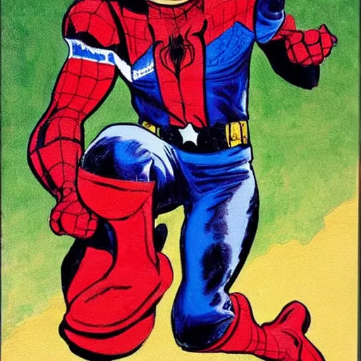 Image similar to a little girl with a mischievous face and light brown curly wavy hair. she is dressed as captain america, spider - man, batman, captain marvel, a superhero. well composed, clean elegant painting, beautiful detailed face. by steve ditko