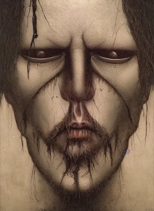 Prompt: Johnny Depp creepy character, portrait by Beksiński