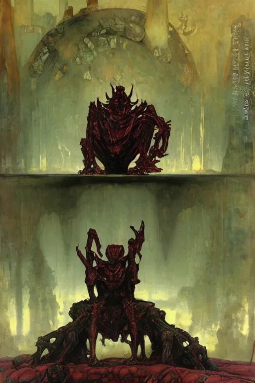 Image similar to full length portrait of crablike demonic king sitting on subterranean throne, tiny servants offer him fruit, dynamic, painted by ruan jia, lawrence alma tadema, zdzislaw beksinski, norman rockwell, jack kirby, tom lovell, alex malveda, greg staples, hand of fear, bbc, tv