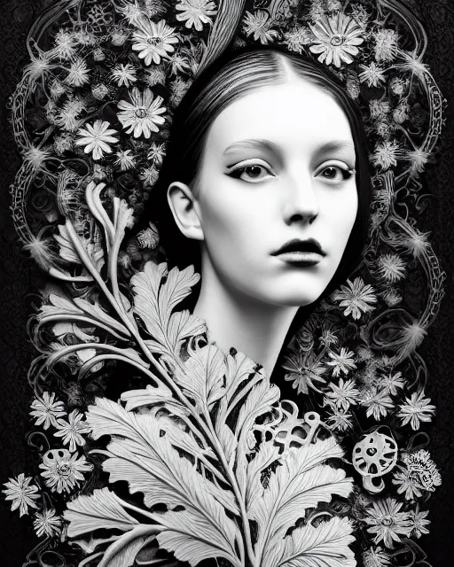 Image similar to monochrome profile portrait painting, dutch masters, silver lace floral steampunk biomechanical beautiful one techno eye young female cyborg, big monocular, volumetric light, leaves foliage and stems, hibiscus flowers, alexander mcqueen, rim light, big gothic fashion pearl embroidered collar, 8 k