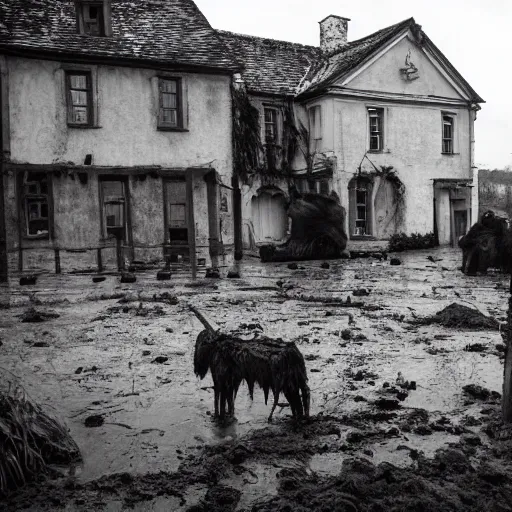 Image similar to horror, moody, still from film, daytime, muddy village square, wide shot, screeching mutant goat monster, powerful, with a mouth crammed full of filthy jagged teeth, matted brown fur, in muddy medieval village square