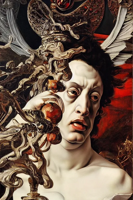 Prompt: Detailed maximalist portrait a Greek god with large white eyes and an angry face, HD mixed media 3d collage, highly detailed and intricate, surreal illustration in the style of Caravaggio, dark art, baroque