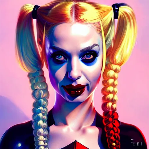 Image similar to Harley Quinn, Portrait of a girl with blonde hair and two pigtails wearing a shiny latex top, face, fantasy, intricate, elegant, highly detailed, digital painting, artstation, concept art, smooth, sharp focus, illustration, art by Fernanda Suarez and Artem Demura and alphonse mucha