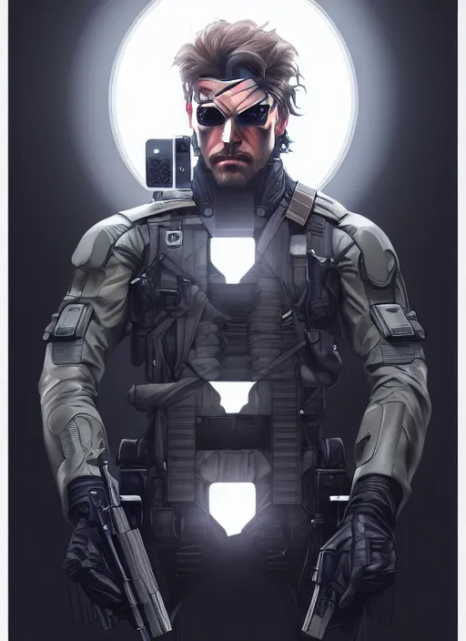 Image similar to symmetry!! portrait of solid snake, metal gear solid, tech wear, glowing lights!! intricate, elegant, highly detailed, digital painting, artstation, concept art, smooth, sharp focus, illustration, art by artgerm and greg rutkowski and alphonse mucha