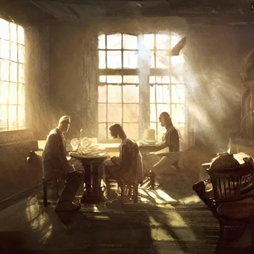 Image similar to the illumatis all sitting at a table, serious, eerie, a single sunbeam coming from the roof, dust illuminated by the sunbeam, serious, lush, vintage decor, craig mullins