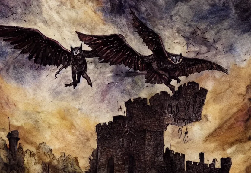 Image similar to Threatening winged possum flying over a medieval castle under a dark starred sky, dark fantasy, watercolor, dreaming illusion, highly detailed, 4k, trending on Artstation, award-winning