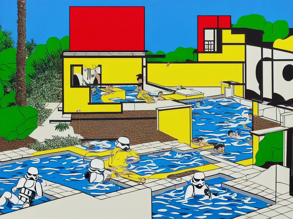 Prompt: hyperrealism composition of the japanese house with a hot springs in the garden, two detailed stormtroopers bathe in a hot spring, pop - art style, jacky tsai style, andy warhol style, roy lichtenstein style, acrylic on canvas