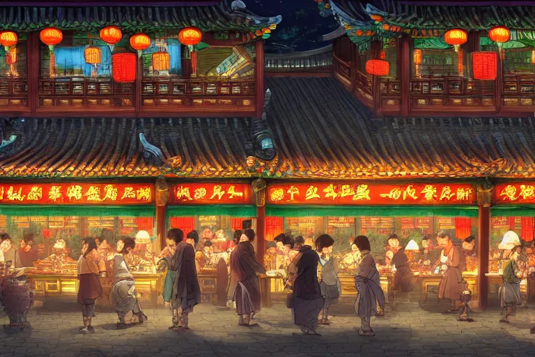 Image similar to fantasy art of a bustling tavern in china, at night, by studio ghibli, highly detailed digital art, trending on artstation