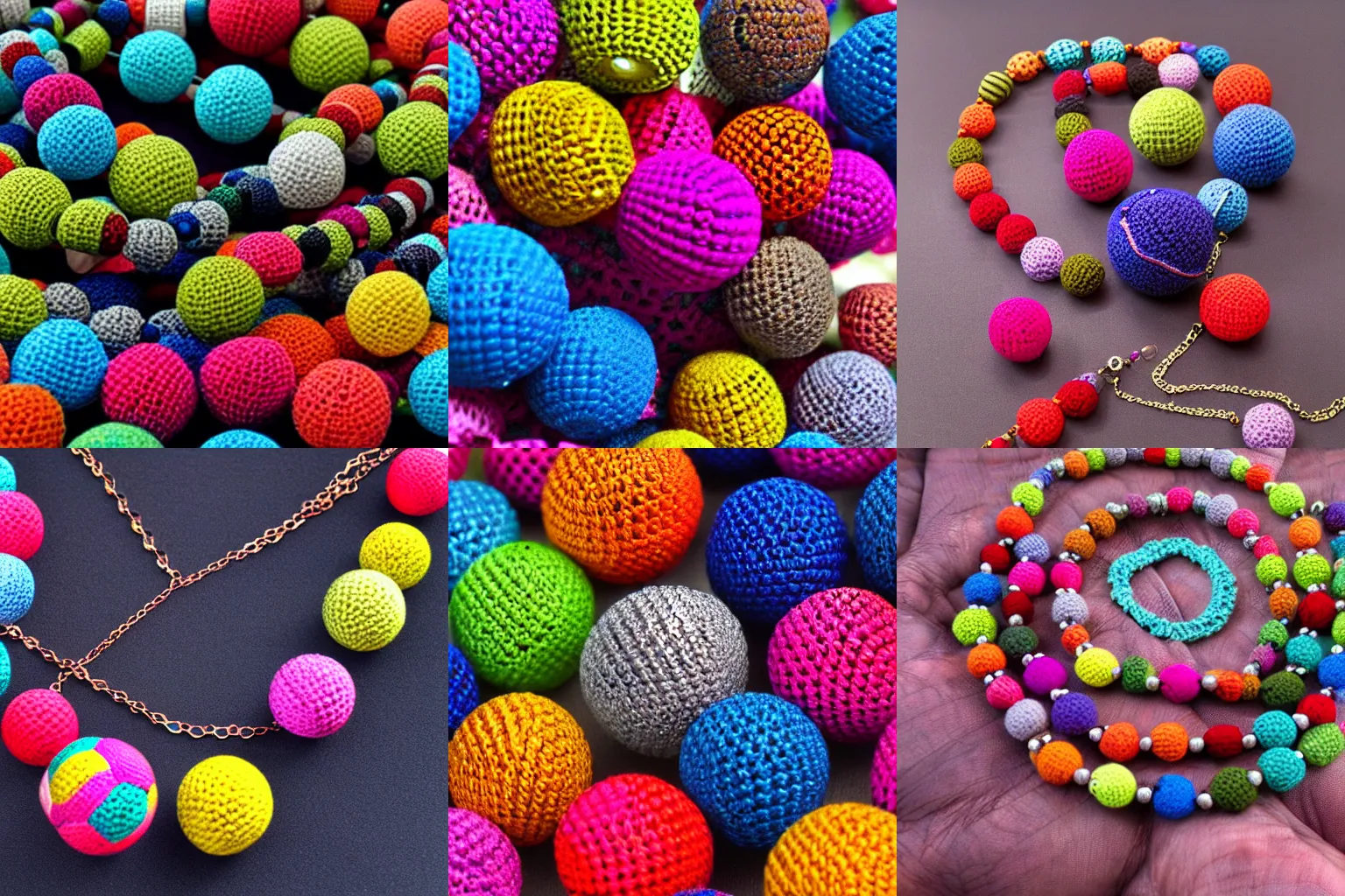 Prompt: A stunning necklace made of separate crocheted balls of different sizes and colors, vivid colors, close-up, handmade, photography style, extremely detailed