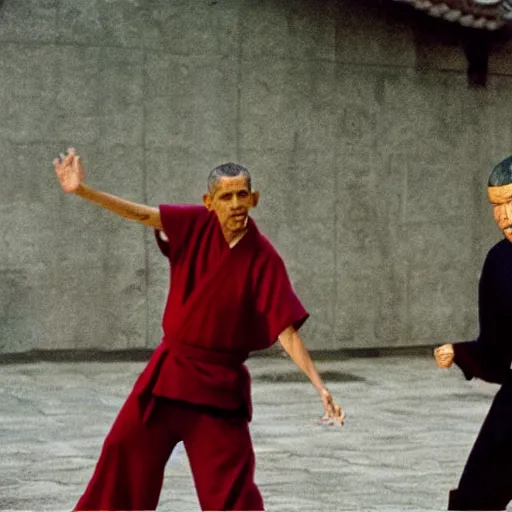 Image similar to Donald Trump versus Obama, kung fu fight, film still from the 36th Chamber of Shaolin