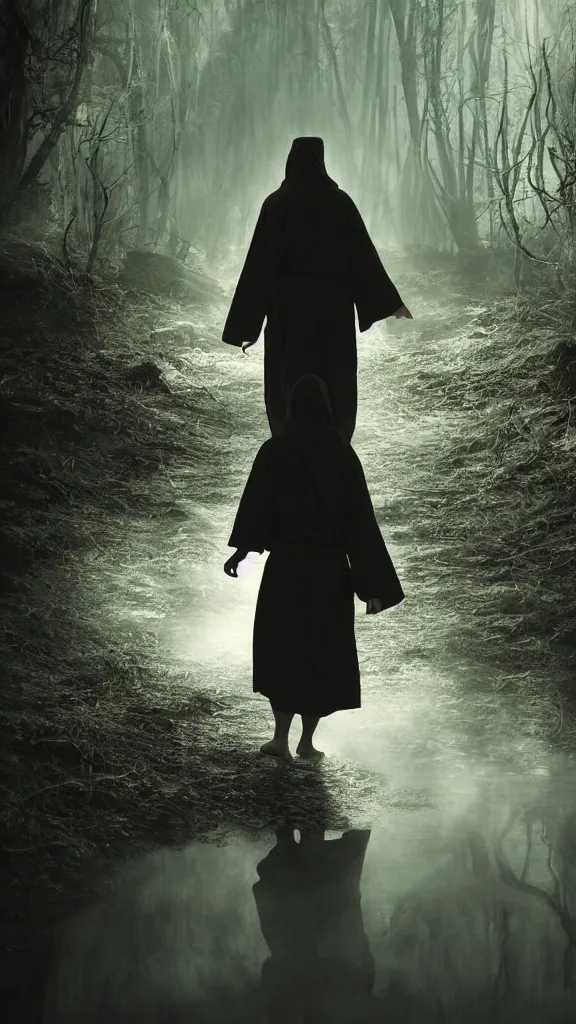 Image similar to photo of a mystical figure in occult robes sneaking through a swamp, cinematic lighting, highly detailed, horror, epic