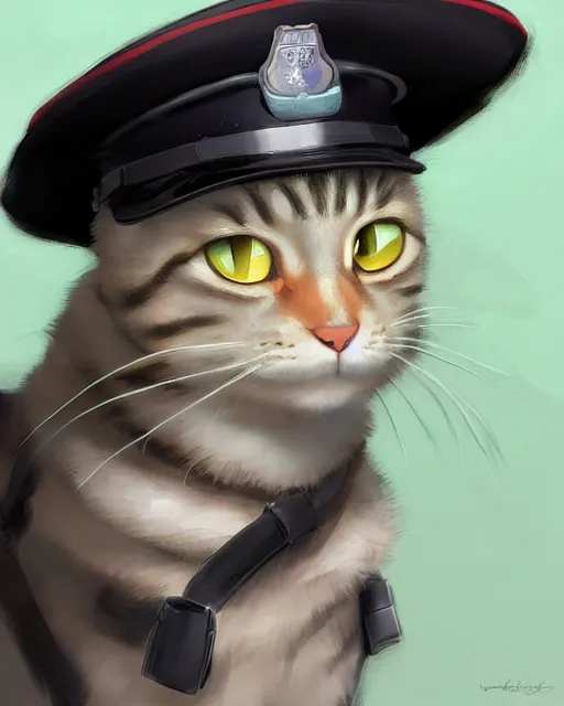 Image similar to a tabby cat wearing a police hat. By Makoto Shinkai, Stanley Artgerm Lau, WLOP, Rossdraws, James Jean, Andrei Riabovitchev, Marc Simonetti, krenz cushart, Sakimichan, trending on ArtStation, digital art.