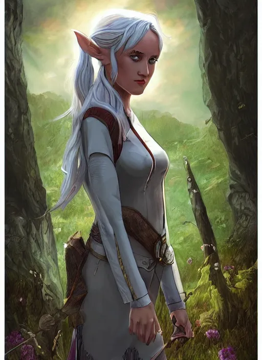 Prompt: A fantasy comic book roleplaying game style portrait painting of Maika Monroe as a grey elf in a mountain meadow sanctuary, DAZ, hyperrealistic, ambient light, dynamic light