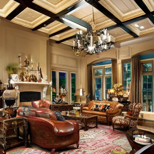 Image similar to photorealistic traditional living room maximalist furnitrue big ceiling