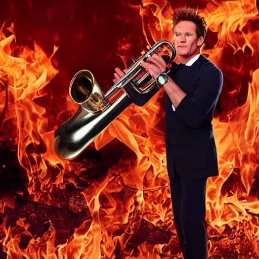 Image similar to gordan ramsay playing the saxaphone in hell surrounded by fire