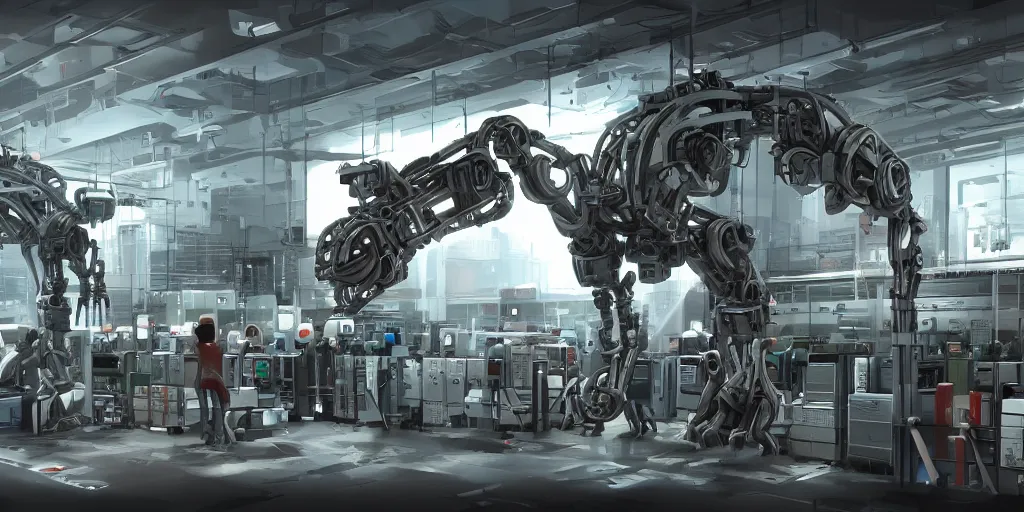 Image similar to parallax datacenter server room white rusty android robosaurus automaton in artstation