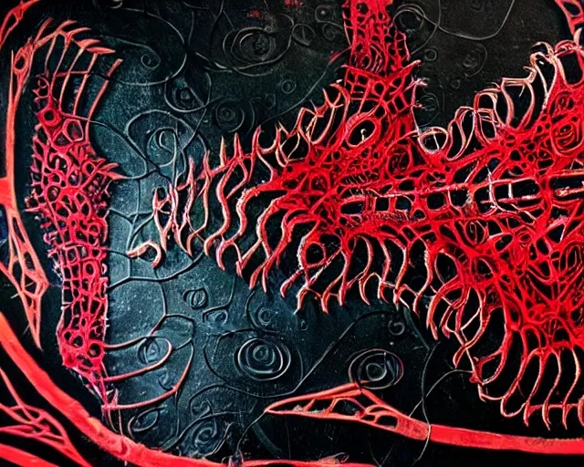 Image similar to 16k photorealistic image of a wall that has some lovecraftian graffiti on it inspired by wretched dragon rib cage. lovecraftian graffiti in red and black colors. the art is cursed and ecrusted with jewels. the grafiiti is inspired by cobwebs and venom.