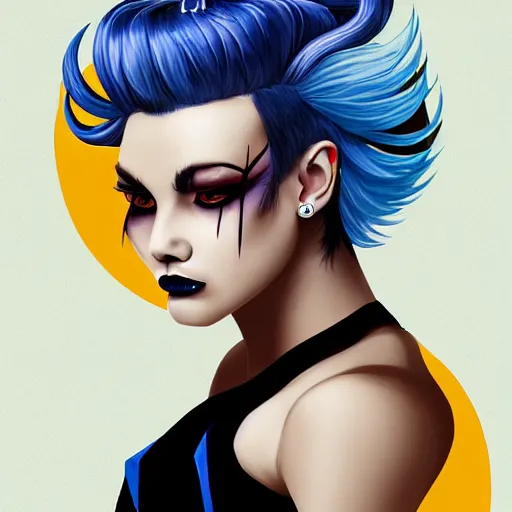 Image similar to illustrated portrait of ram-horned devil woman with blue bob hairstyle and hex #FFA500 colored skin and with solid black eyes wearing leather by rossdraws