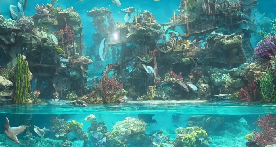 Prompt: fantasy underwater world with buildings, mermaids and fish, whales, dolphins, light rays coming from above through the water, hyperrealistic, 8K, octane render, rtx