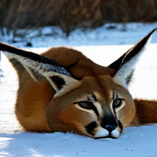 Image similar to photo still of drunk sleepy fat caracal, lying on ice, big stomach, sunny winter day