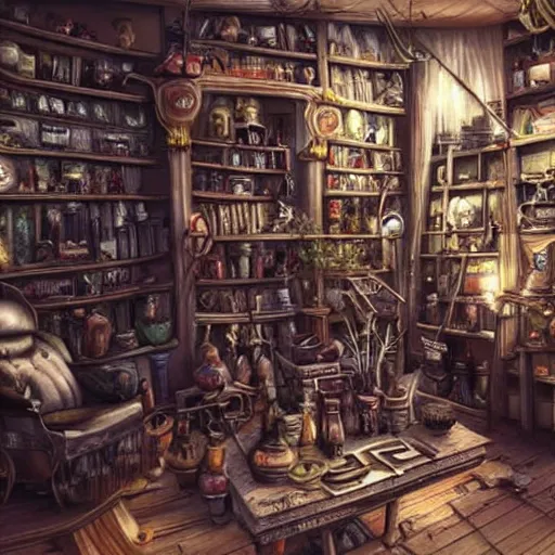 Image similar to weird interior full of stuff, chaotic ambiance, living room of a mad alchemist