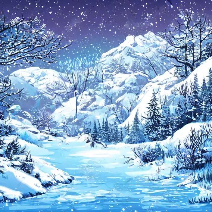 Prompt: detailed cartoon art background of a snowy mountain landscape