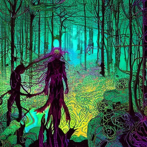 Image similar to psychedelic trippy iridescent volumetric lighting enchantingly beautiful forest with necromancer hyperrealism by victo ngai yoji shinkawa apophasis moebius 8 0 s cartoon horror art black magick voodoo shamanic satanic