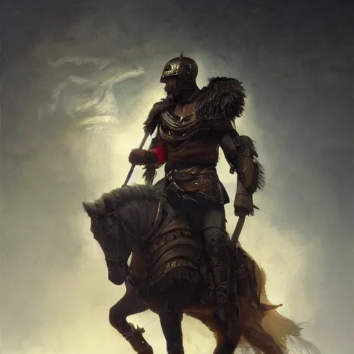 Prompt: a dramatic epic ethereal portrait of a Roman Wars soldier, full body with dynamic pose, male, detailed face, cinematic lighting, highly detailed oil on canvas painting by Greg Rutkowski, winning-award digital art trending on Artstation H 1024 W 832