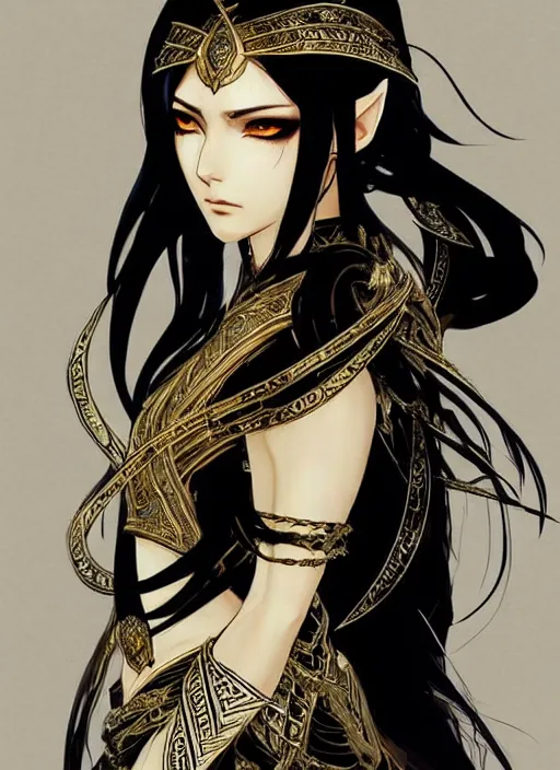 Image similar to Half body portrait of a beautiful elven healer with long straight black hair wearing ornate white and gold attire. In style of Yoji Shinkawa and Hyung-tae Kim, trending on ArtStation, dark fantasy, great composition, concept art, highly detailed, dynamic pose.