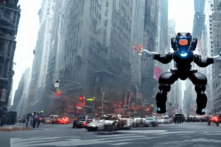 Image similar to VFX movie of a flying dark futuristic robot cyborg superhero with 6 arms levitating on New York street, atmospheric , by Emmanuel Lubezki