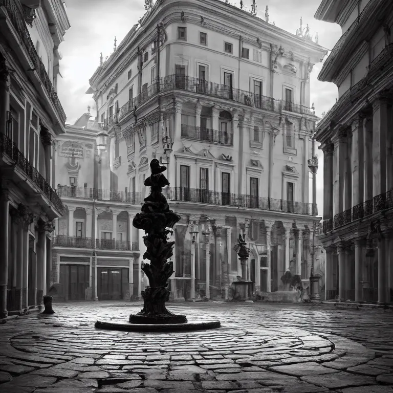 Image similar to old square in madrid, dreamlike atmosphere, symmetrical baroque painting, perfect composition, beautiful and detailed intricate high detailed octane that is trending on artstation, 8 k fine art photography, photorealistic, soft natural volumetric cinematic perfect light, chiaroscuro, award - winning photography, masterpiece, raphael, caravaggio, greg rutkowski, beeple