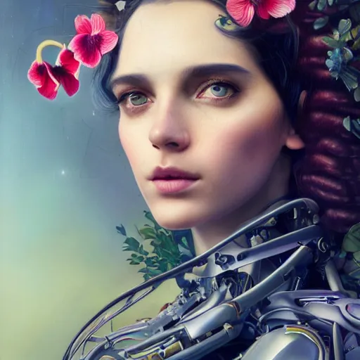 Image similar to a beautiful fine art portrait photo of a resting futuristic cyborg, wavy hair spread out, surrounded by hibiscus, daffodils, moth orchids, montsera leaves by tom bagshaw and zach sutton, soft lighting, very detailed, bionic, robotic, deep depth of field, artstation, 4K