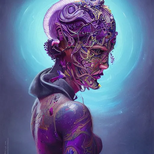 Image similar to art portrait of a furious girl with purple tentacles on her head, 8 k, by tristan eaton, stanley artgermm, tom bagshaw, greg rutkowski, carne griffiths, trending on deviantart, face enhance, hyper detailed, full of colour,