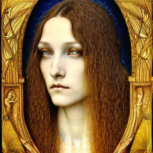 Image similar to detailed realistic beautiful young medieval queen face portrait by jean delville, gustave dore and marco mazzoni, art nouveau, symbolist, visionary, gothic, pre - raphaelite. horizontal symmetry