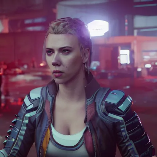 Image similar to injured scarlett johansson after a bad mission in Cyberpunk 2077. CP2077. 3840 x 2160