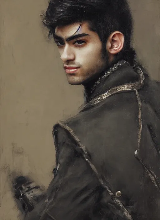 Prompt: head and shoulders portrait painting of young man who looks like zayn malik as an elf by jeremy mann, wearing leather napoleonic military style jacket, only one head single portrait, pointy ears