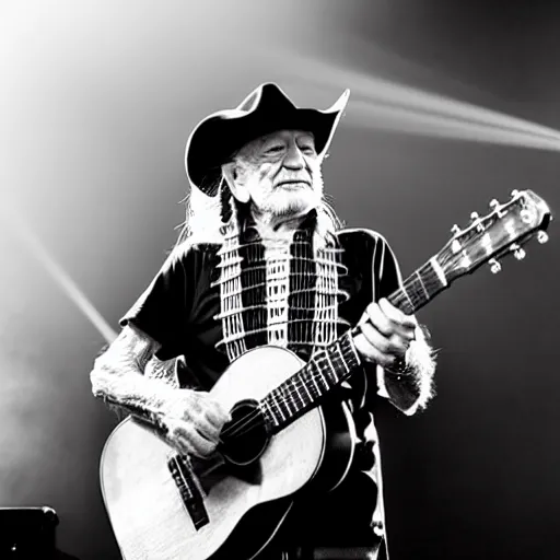 Image similar to willie nelson on stage, four fingers holding guitar. god rays through fog. black and white photo