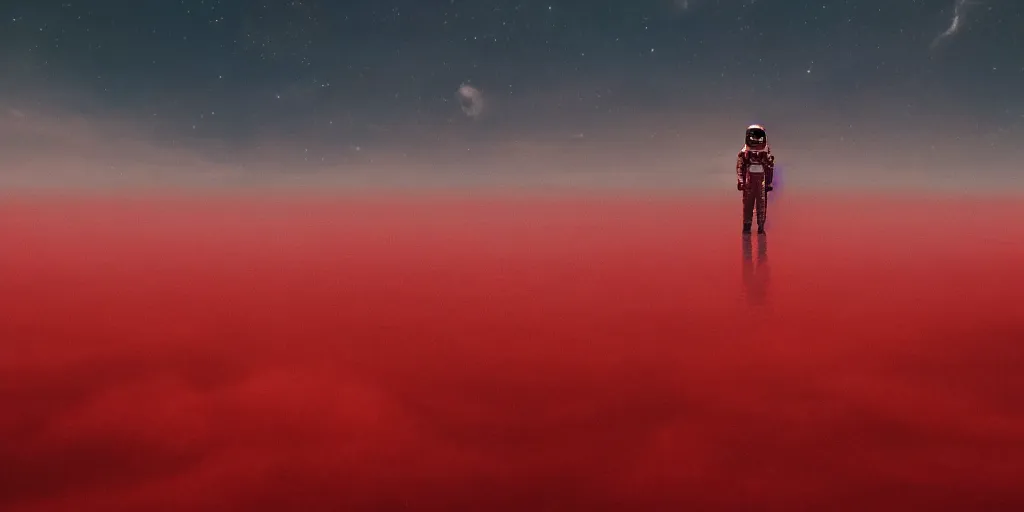 Image similar to an astronaut emerging from an ocean of red water, otherwordly sky, cinematic, 35mm, photography, High definition, 8k, detailed, deprh of field, photorealistic, epic atmosphere