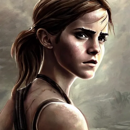 Image similar to Emma Watson as Lara Croft, concept art, highly-detailed, stunning