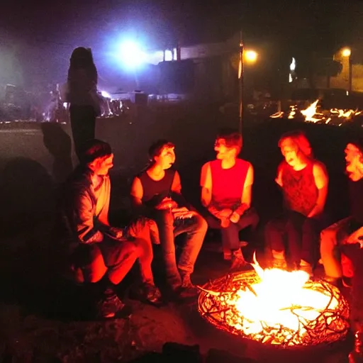 Prompt: 6 people sitting around a fire, singing. red neon lights tables nearby