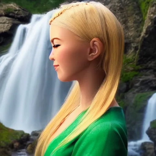 Image similar to beautiful young blonde-haired elf woman tucking her hair behind her ear and wearing a green dress in front of a waterfall, very very very beautiful, trending on artstation, 4k