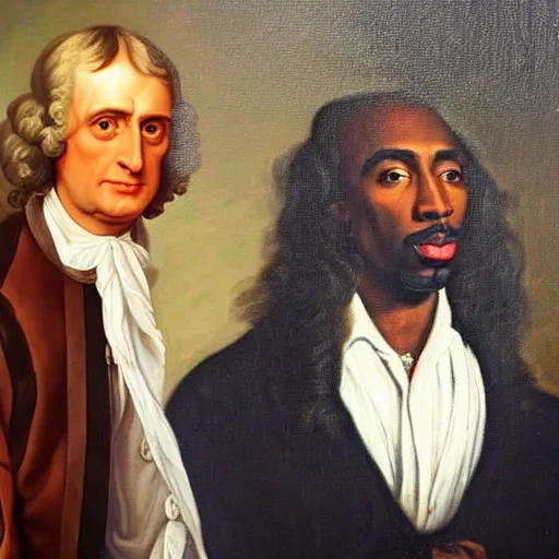 Prompt: a classical portrait of sir isaac newton and tupac shakur, chillin at the club together, photorealistic oil on canvas, brilliant detail