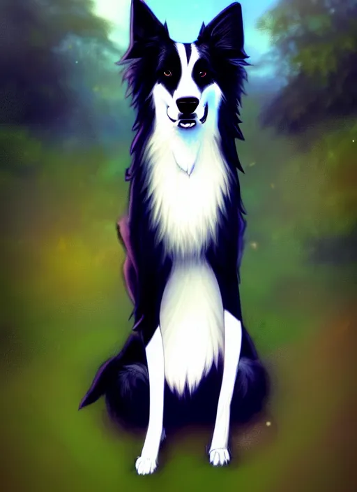 Image similar to wide angle beautiful full body portrait of a cute male bipedal anthro border collie fursona posing in front of a park, character design by charlie bowater, henry asencio, and ross tran, furry art, furaffinity, beautiful, glamor pose, detailed, aesthetic, trending on artstation