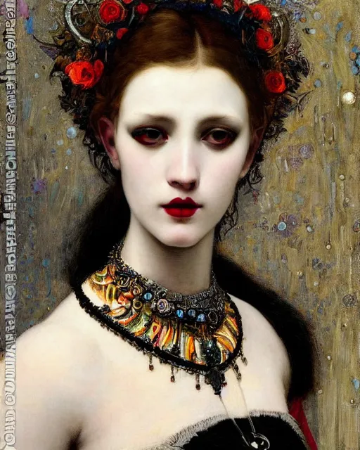Image similar to a close up of beautiful gothic girl with black lipstick wearing a intricate necklace surrounded by colourful intricate patterns, by edgar maxence and caravaggio and michael whelan, intricate painting, hyper realistic, extremely detailed and beautiful aesthetic face, 8 k resolution