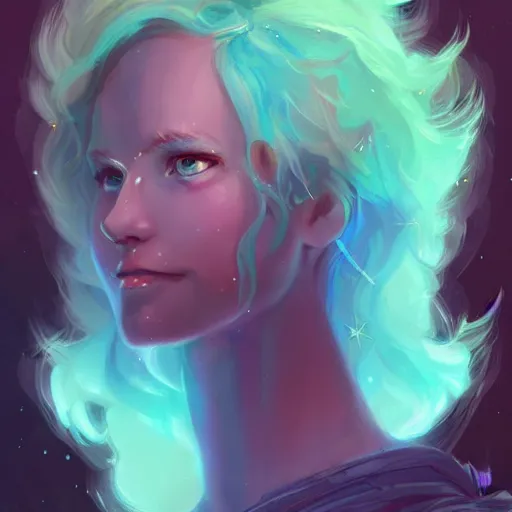 Image similar to a nonbinary changeling with a starry cloak, aurora colored hair, curious expression, character art, full body art, trending on artstation, artgerm, 4k ultra hd, sharp focus, digital art by Ilya Kuvshinov and Ross Tran,